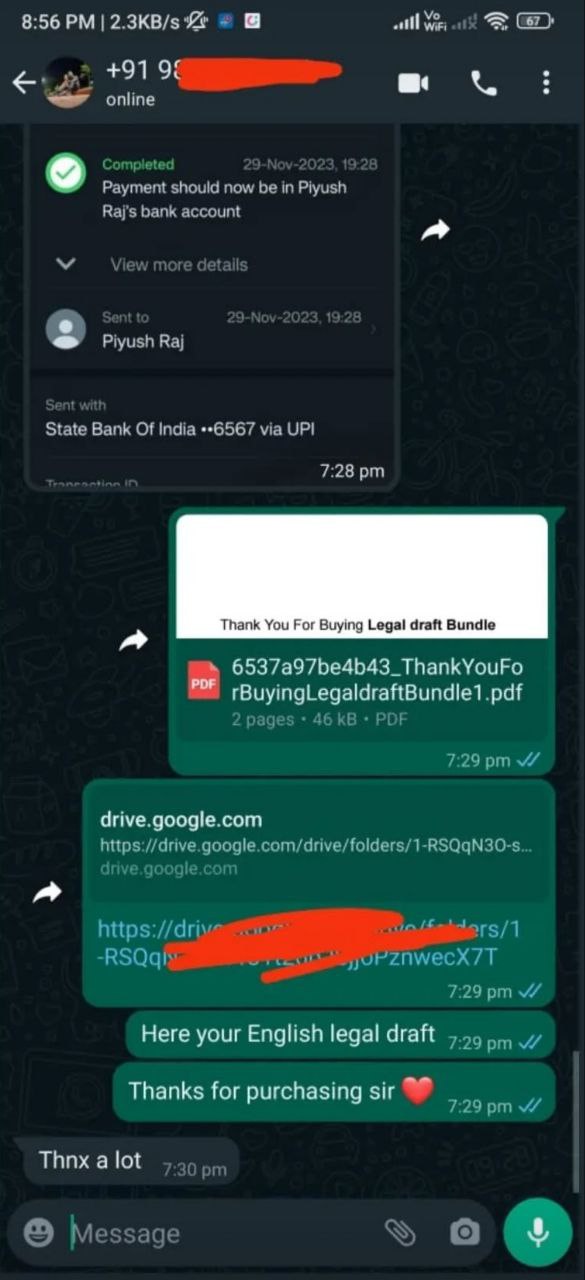 WhatsApp message from a real customer
